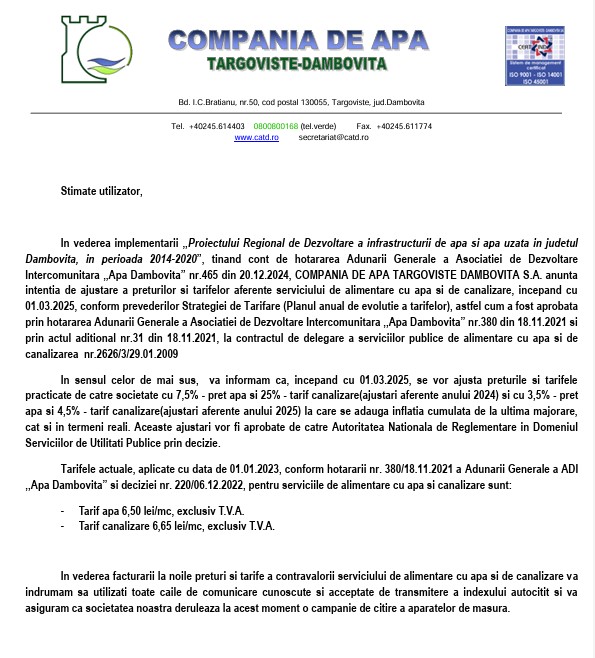 Tariful la apă a crescut din 1 martie!