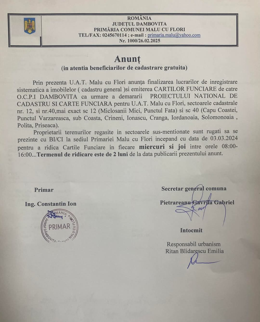 Anunț important de la Primăria Malu cu Flori